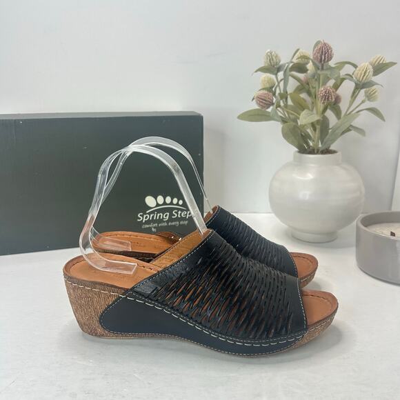 Spring Step Fusawedge Leather Slide Laser Cut Sandals Black Women's 9/EU40 NWB - Picture 1 of 11